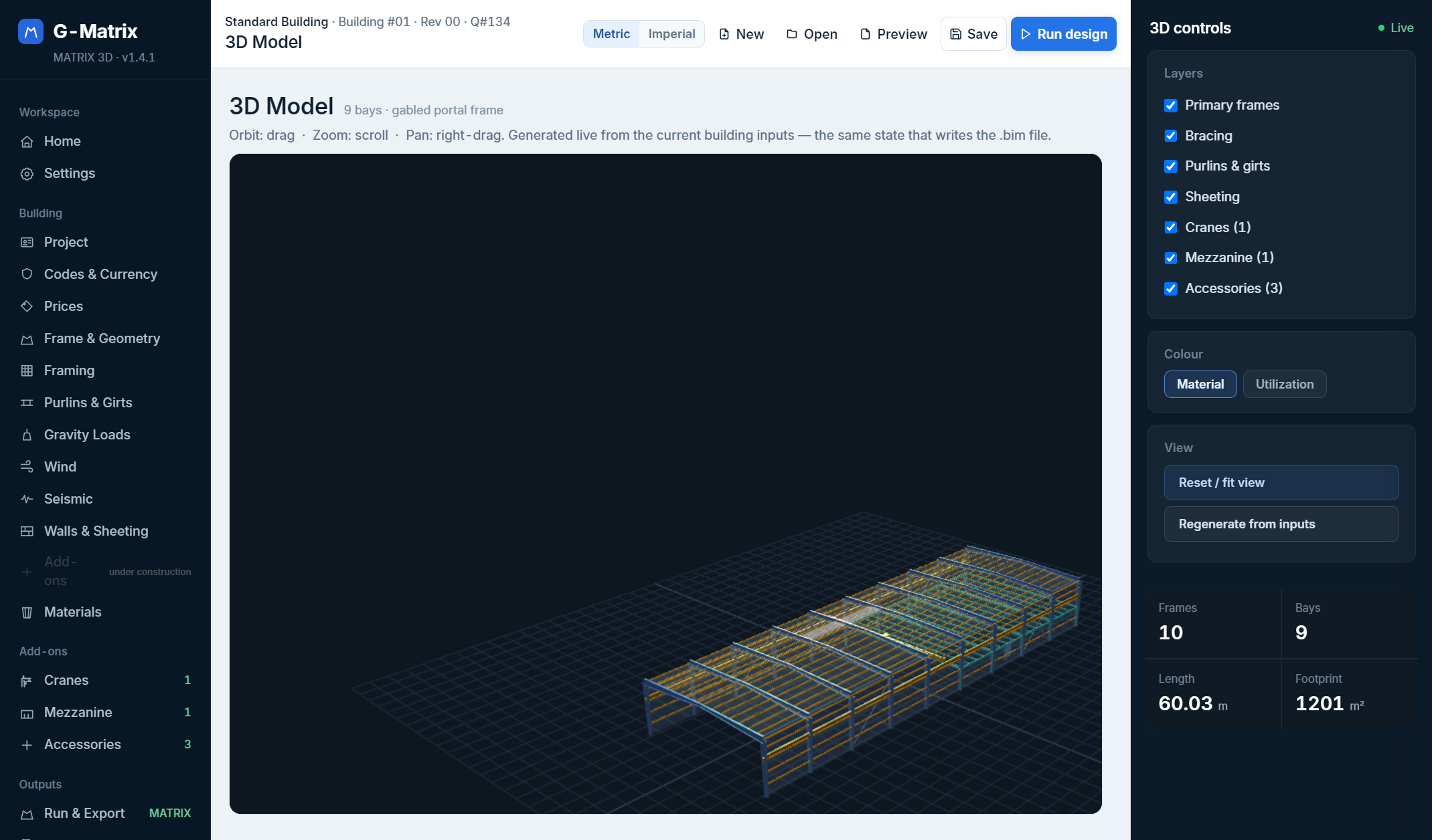 G-Matrix live 3D structural model with crane and mezzanine layers