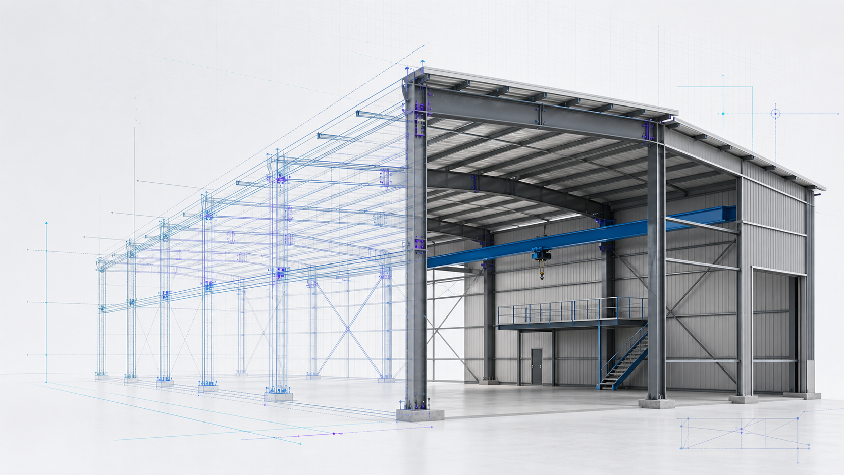 A clear-span steel building transitioning from an engineering wireframe into a completed structural model